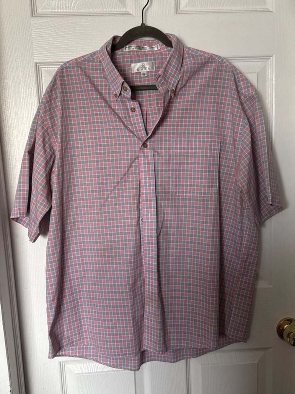 Vintage Enro Short Sleeve Plaid Button Down Shirt Pink and Blue size XL